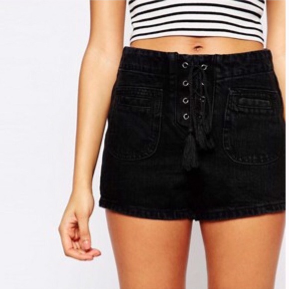 Brave Soul Denim Studio Mindy High Waisted Lace up Shorts Black 10/38 - Picture 5 of 11